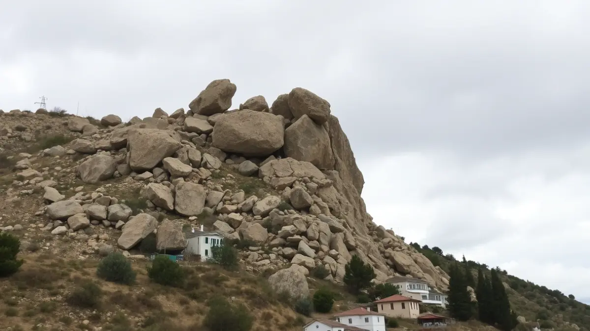 Imatge de pedres de gran tonatge en un vessant prop d'habitatges en una zona mediterrània.