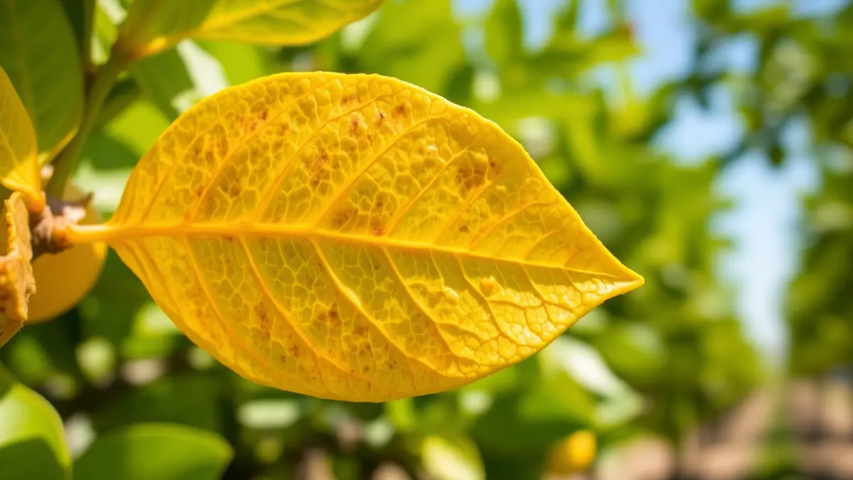 Imagen genérica de una hoja de cítrico con síntomas de clorosis nervial amarilla, con el fondo desenfocado de una plantación de cítricos.