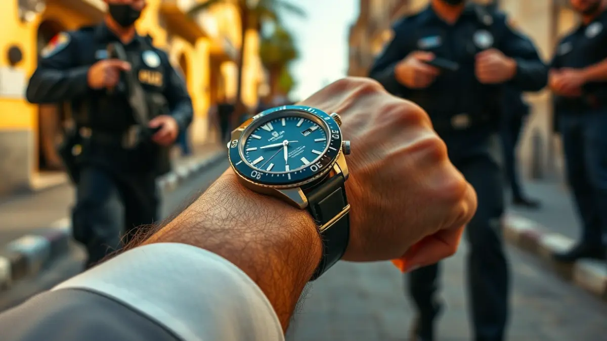 Image of a luxury watch on a wrist, with blurred police officers' hands in the background, suggesting an arrest on a Mediterranean street.