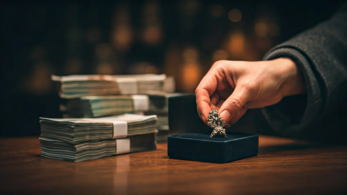 Generic image of a hand placing a piece of jewelry into a box, with blurred money in the background.
