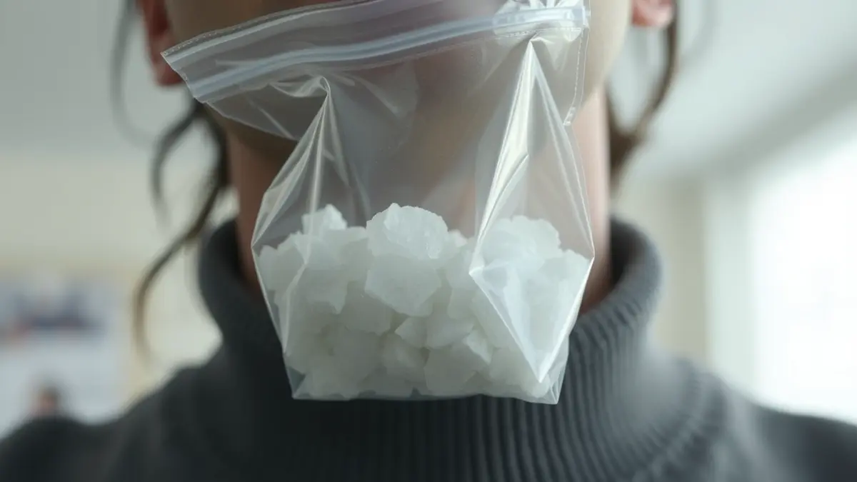 Image of a transparent plastic bag with white substances, partially hidden in a neckline.