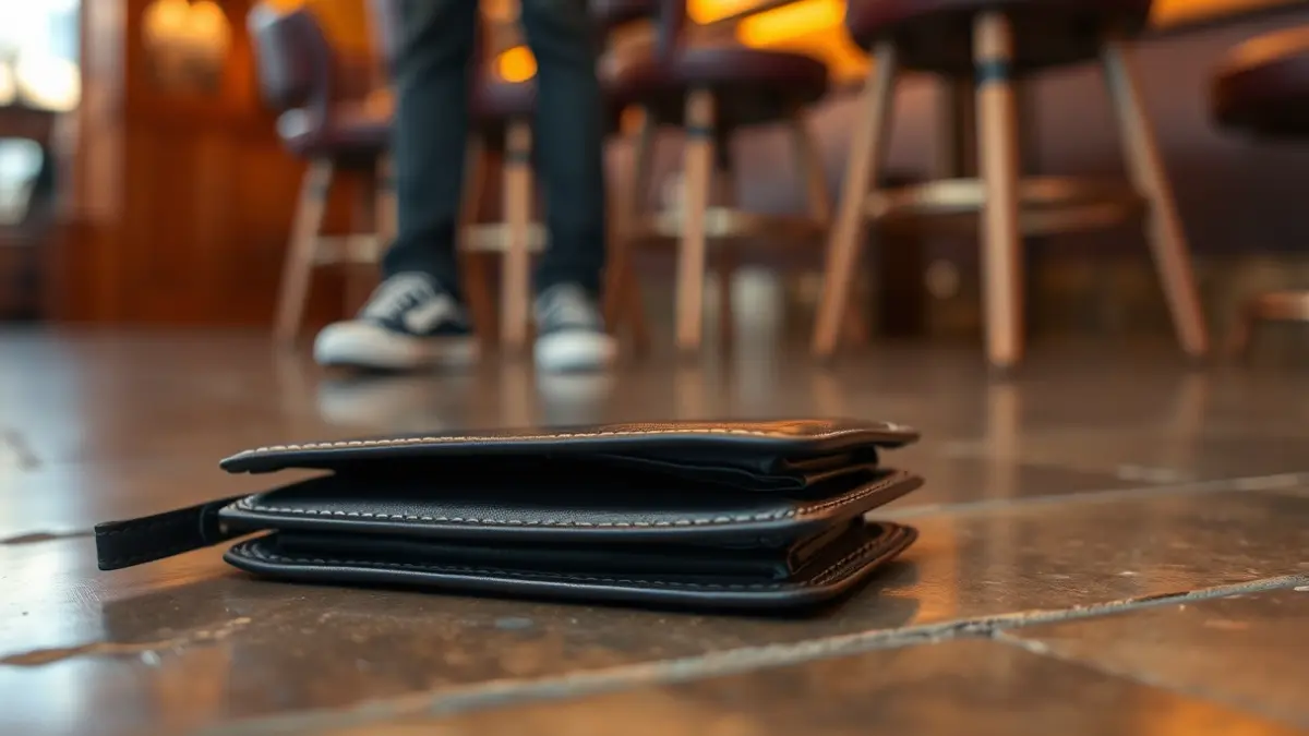 Imatge genèrica d'una cartera en el sòl d'un bar, amb peus i tamborets desenfocats al fons.