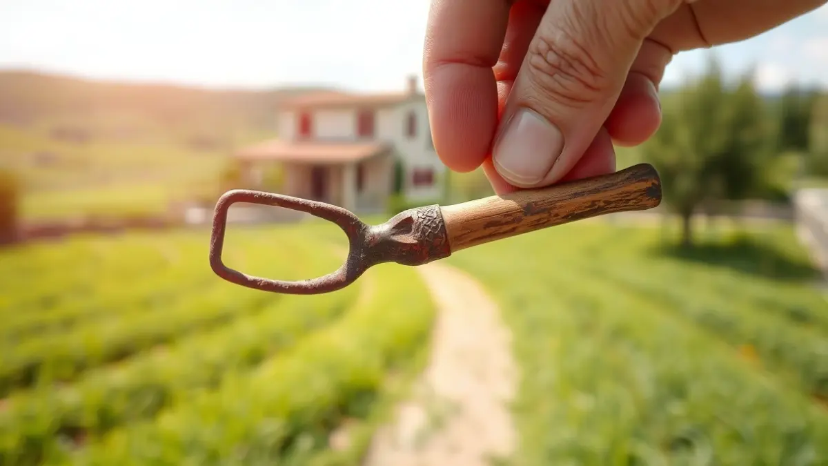 Imatge genèrica d'una ferramenta agrícola antiga i oxidada, amb un camp verd i una masia mediterrània desenfocats al fons, sota un cel clar.