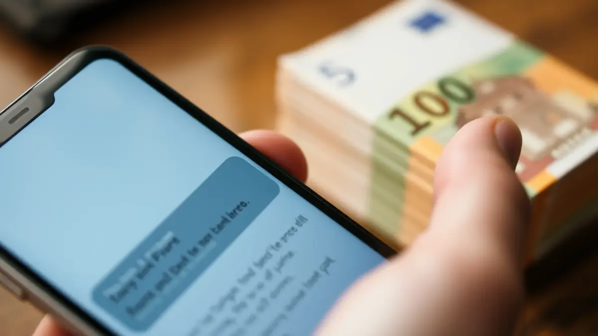 Imatge genèrica d'un telèfon mòbil amb missatges i diners, representant una estafa.