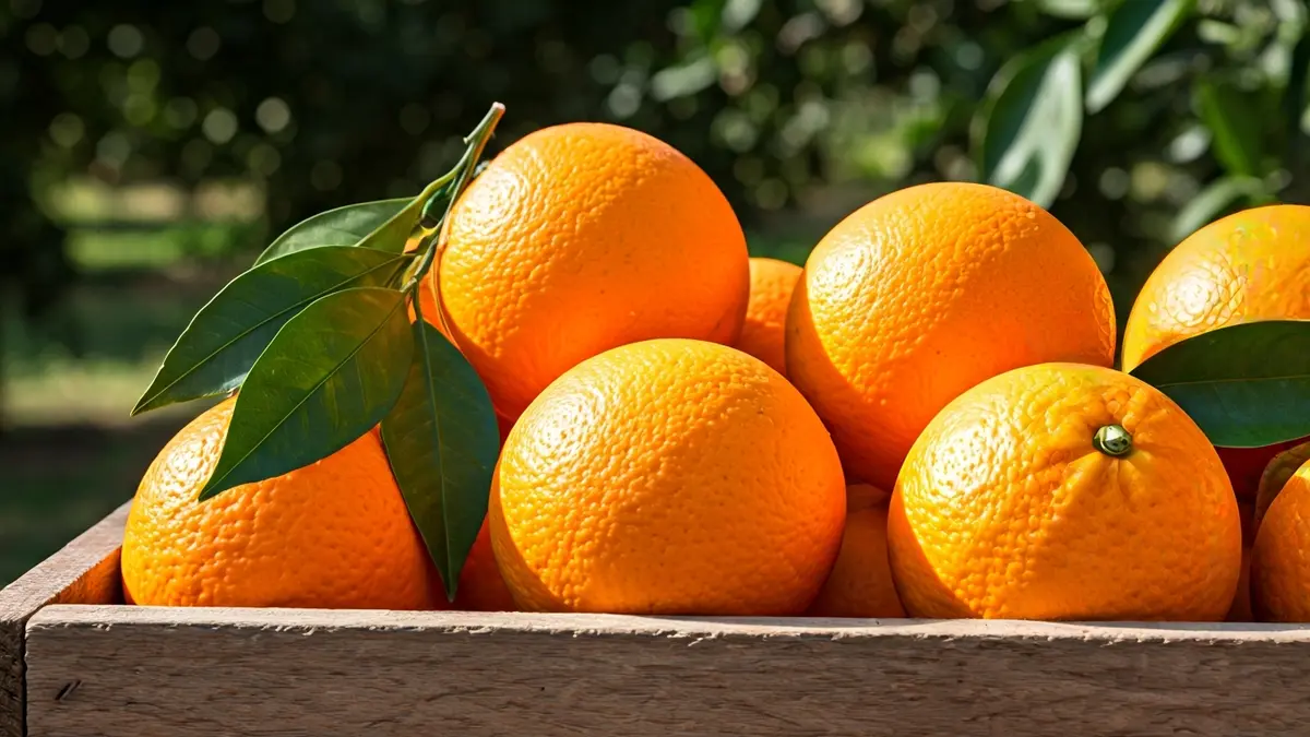 Image of oranges in a wooden crate, with green leaves, in a Valencian field.