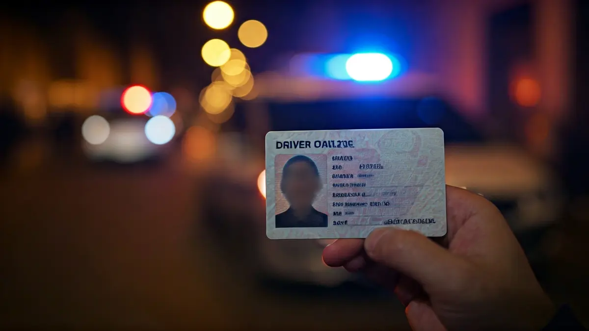 Imatge d'un permís de conduir amb llums de policia reflectides.