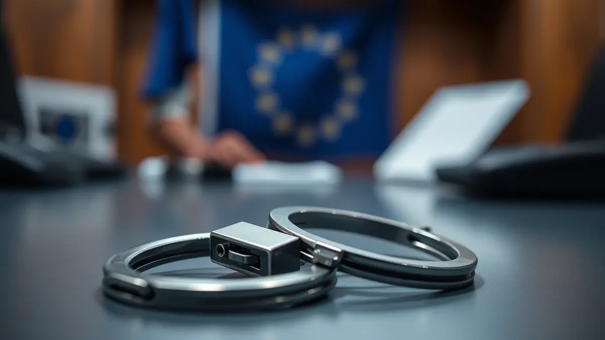 Generic image of handcuffs on a desk, with a European flag in the background.
