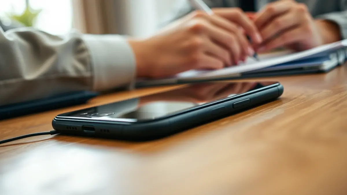 Generic image of a mobile phone on a table, with blurred insurance documents in the background.