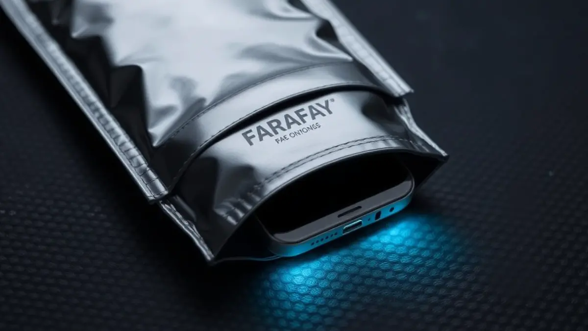 Generic image of a Faraday bag with a mobile phone inside, blocking signals.