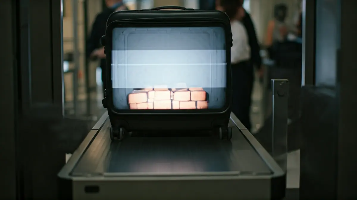 Imatge d'una maleta passant per un escàner de raigs X en un aeroport, amb paquets sospitosos a l'interior.