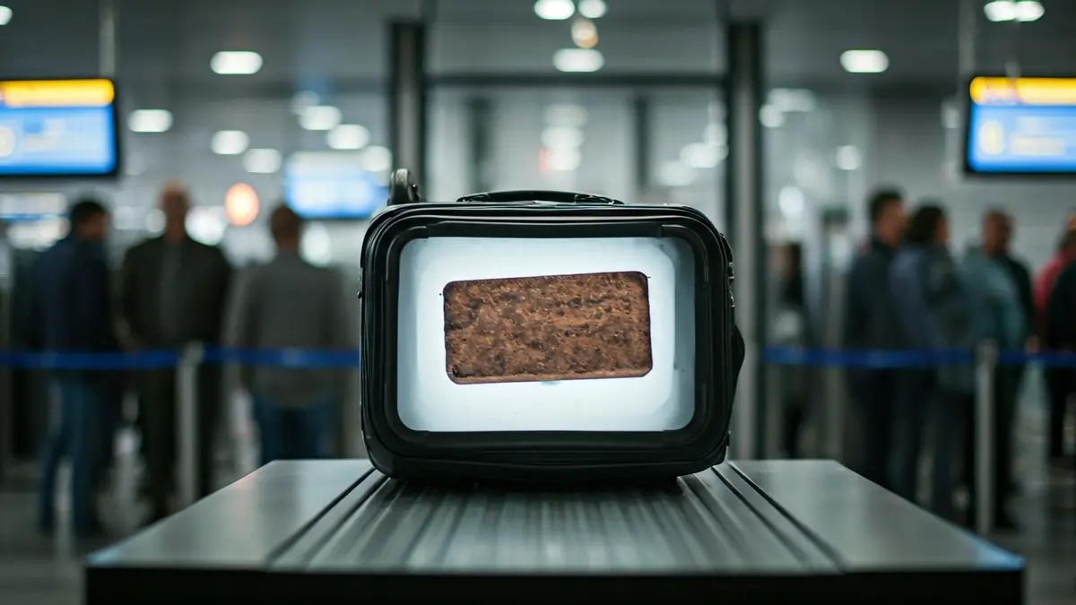 Image of a suitcase being X-rayed at an airport, revealing a dense object inside.