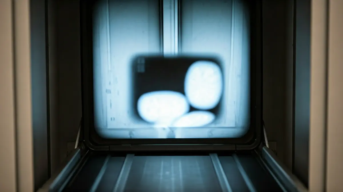 Imatge d'una maleta sent escanejada per una màquina de raigs X en un aeroport, mostrant plaques orgàniques sospitoses en el seu interior.