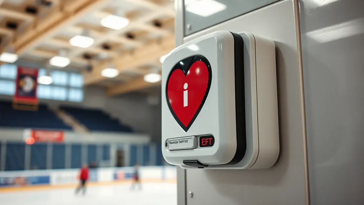 Imatge d'un desfibril·lador semiautomàtic en una instal·lació esportiva pública.