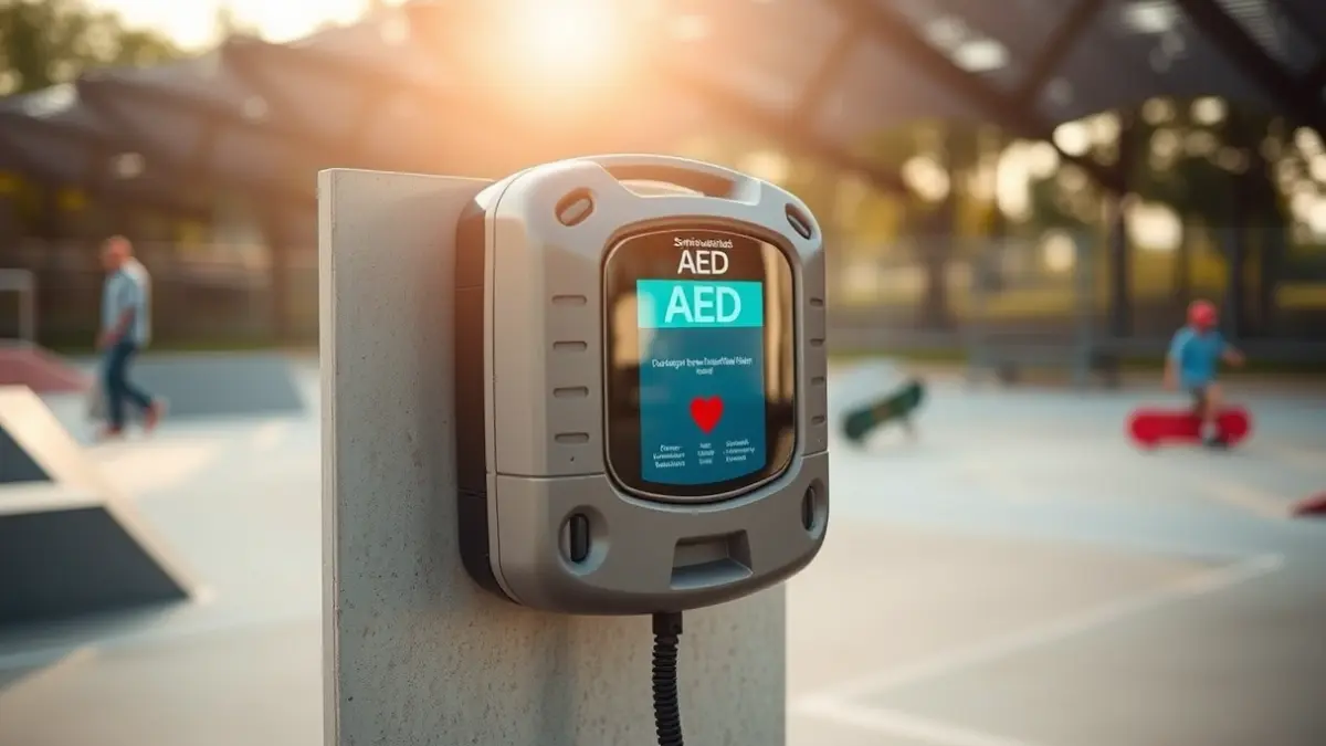 Imagen de un desfibrilador semiautomático instalado en una pared de una instalación deportiva pública.