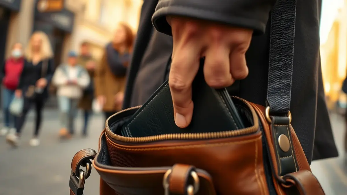 Generic image of a pickpocketing, with a hand stealing a wallet from an open bag on a busy street.