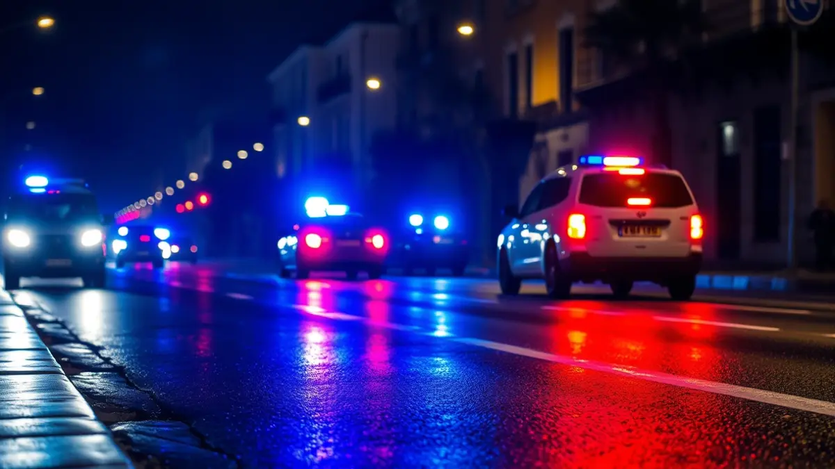 Generic image of emergency lights reflecting on wet asphalt at night.