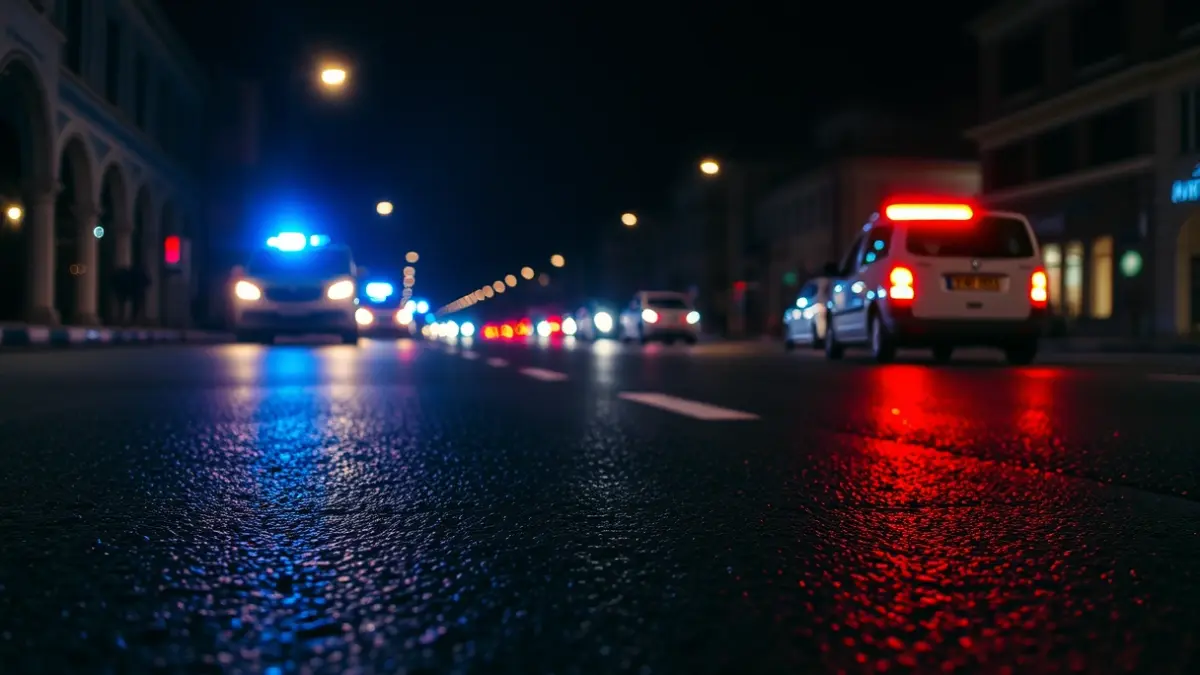 Imagen genérica de luces de emergencia reflejándose en el asfalto mojado de noche.