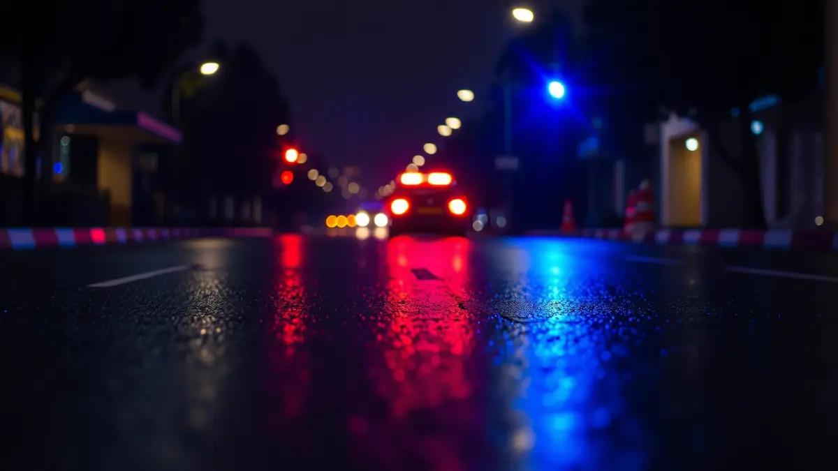 Imatge genèrica de llums d'emergència reflectint-se en l'asfalt mullat de nit.