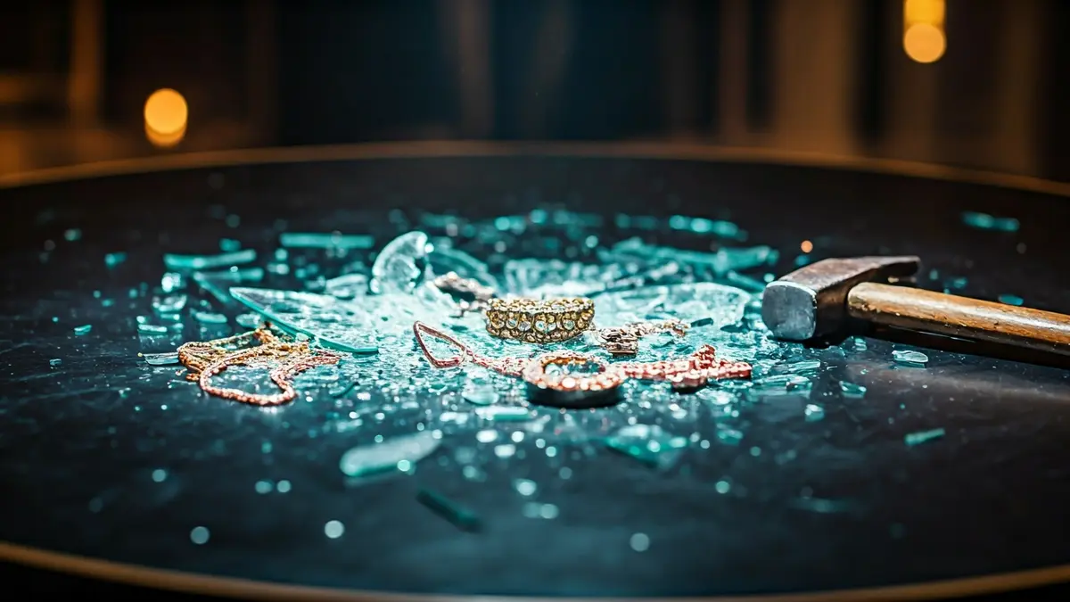 Imagen de un escaparate de joyería roto con un martillo y joyas esparcidas.