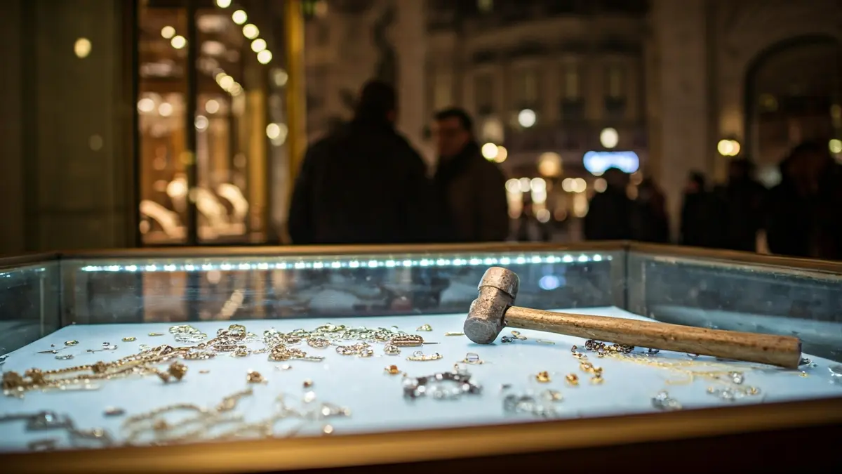 Imagen de un escaparate de joyería roto con joyas esparcidas y un martillo cerca.