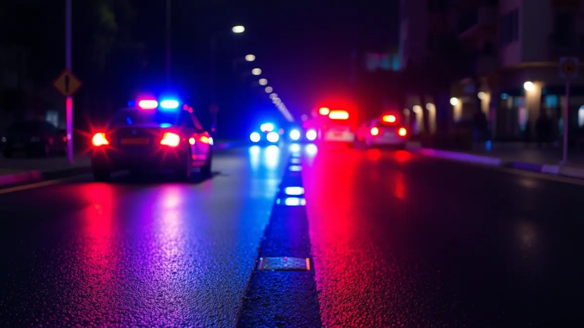 Generic image of emergency lights reflecting on wet asphalt at night.