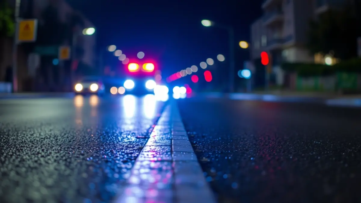 Imagen genérica de luces de emergencia azules y rojas reflejándose en el asfalto mojado de noche, en un entorno urbano mediterráneo.