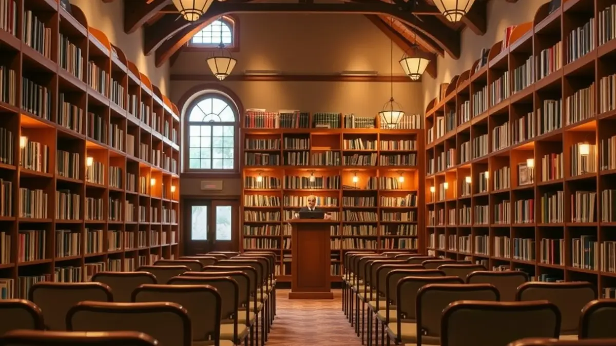 Generic image of a library interior with wooden bookshelves and a cozy atmosphere.