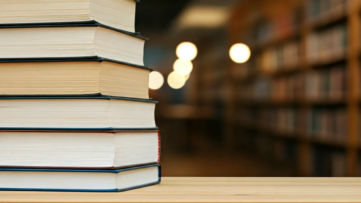 Imatge genèrica de llibres apilats en una taula de fusta, amb un fons de biblioteca il·luminada.