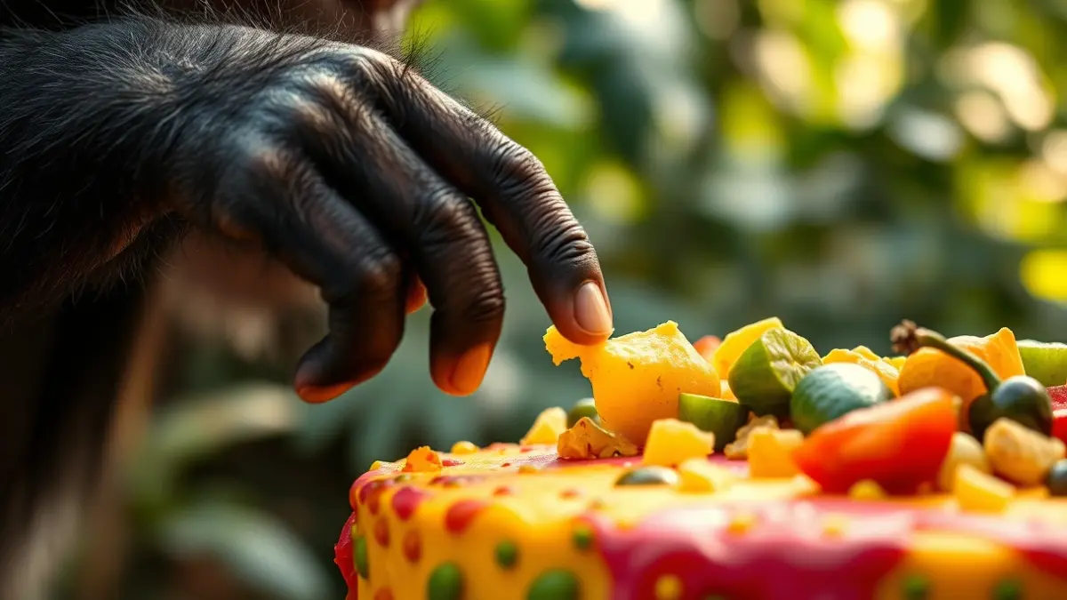 Image of a chimpanzee eating fruit from a birthday cake at BIOPARC Valencia.