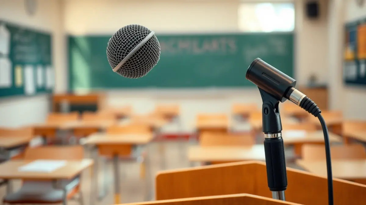 Imagen genérica de un micrófono en un atril en un aula vacía, simbolizando una reunión o conferencia de docentes.