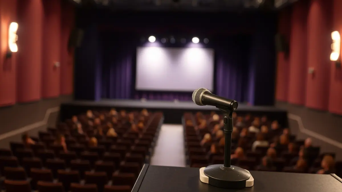 Generic image of a microphone on a podium in a theater, with empty seats in the background.