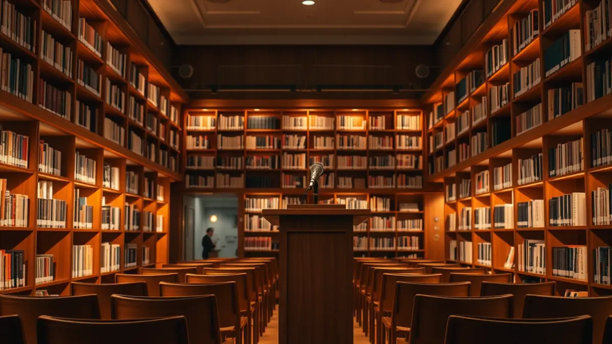 Imatge genèrica d'un interior de biblioteca amb prestatgeries de fusta i un micròfon en un podi.