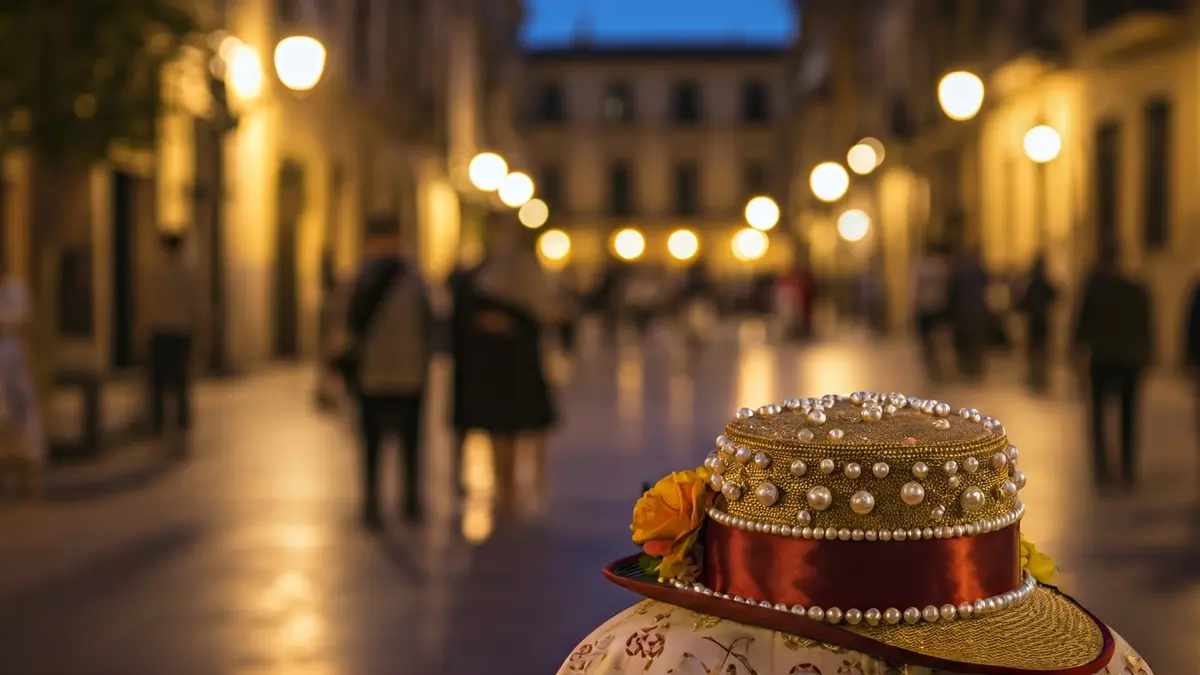 Imatge d'un barret tradicional adornat amb perles i flors, símbol de les festes de Cullera.