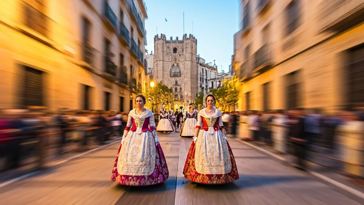 Image of a traditional procession in a Valencian street with blurred figures and historic buildings.