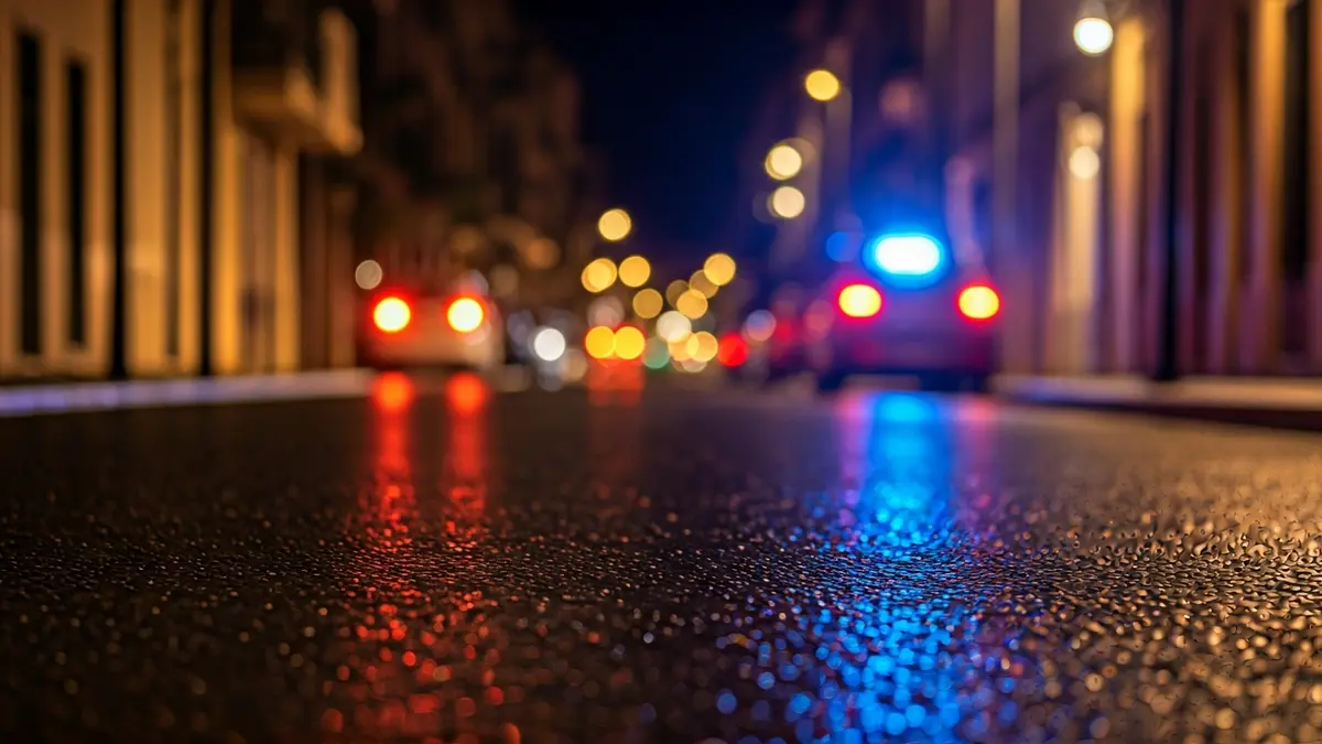 Imagen genérica de luces de emergencia reflejándose sobre asfalto mojado de noche.