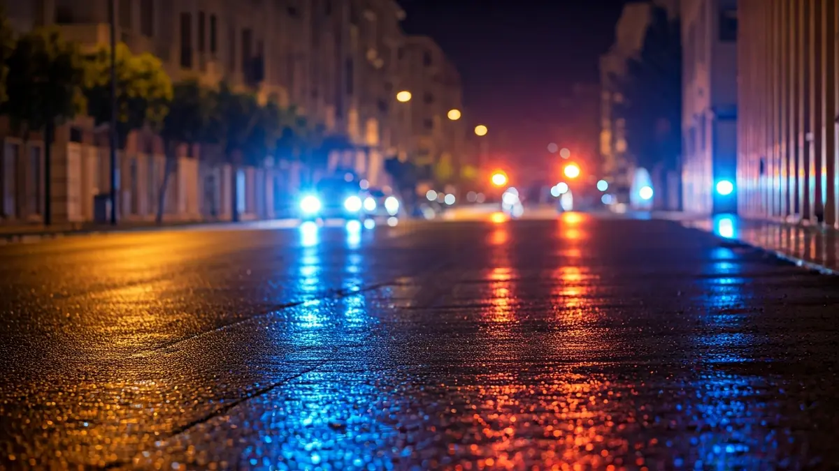 Generic image of emergency lights reflecting on wet asphalt at night.