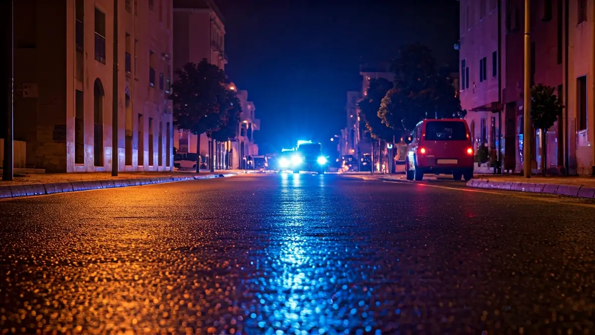 Generic image of emergency lights reflected on wet asphalt at night.