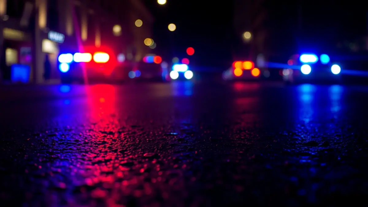 Imagen genérica de luces de emergencia reflejándose en el asfalto mojado de noche en una ciudad mediterránea.