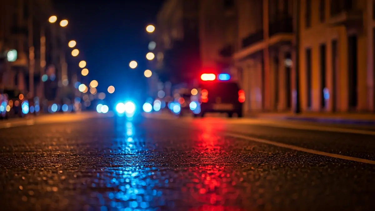 Generic image of emergency lights reflecting on wet asphalt at night.
