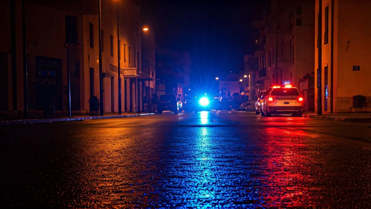 Imagen genérica de luces de emergencia reflejándose en asfalto mojado de noche.