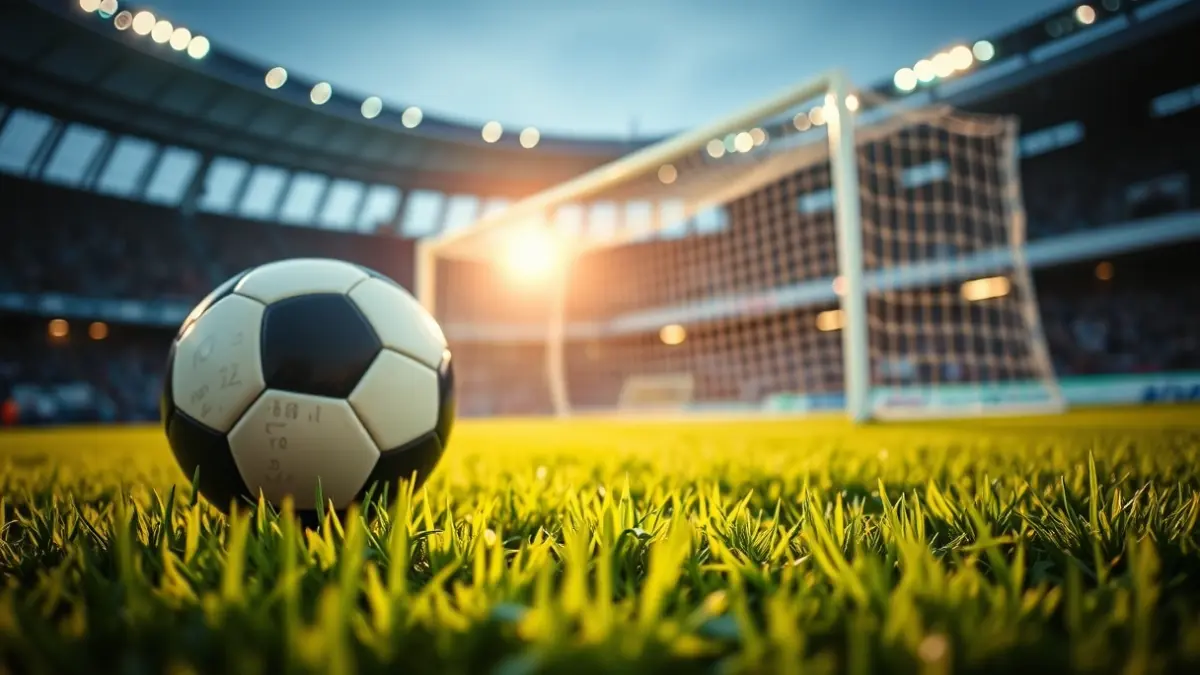 Imatge genèrica d'una pilota de futbol en la gespa d'un camp, amb la porteria desenfocada al fons.