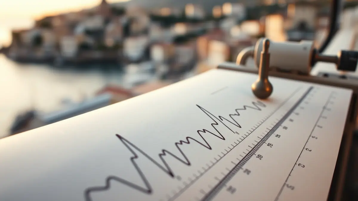 Imatge genèrica d'un sismògraf enregistrant activitat sísmica en una ciutat mediterrània a l'alba.