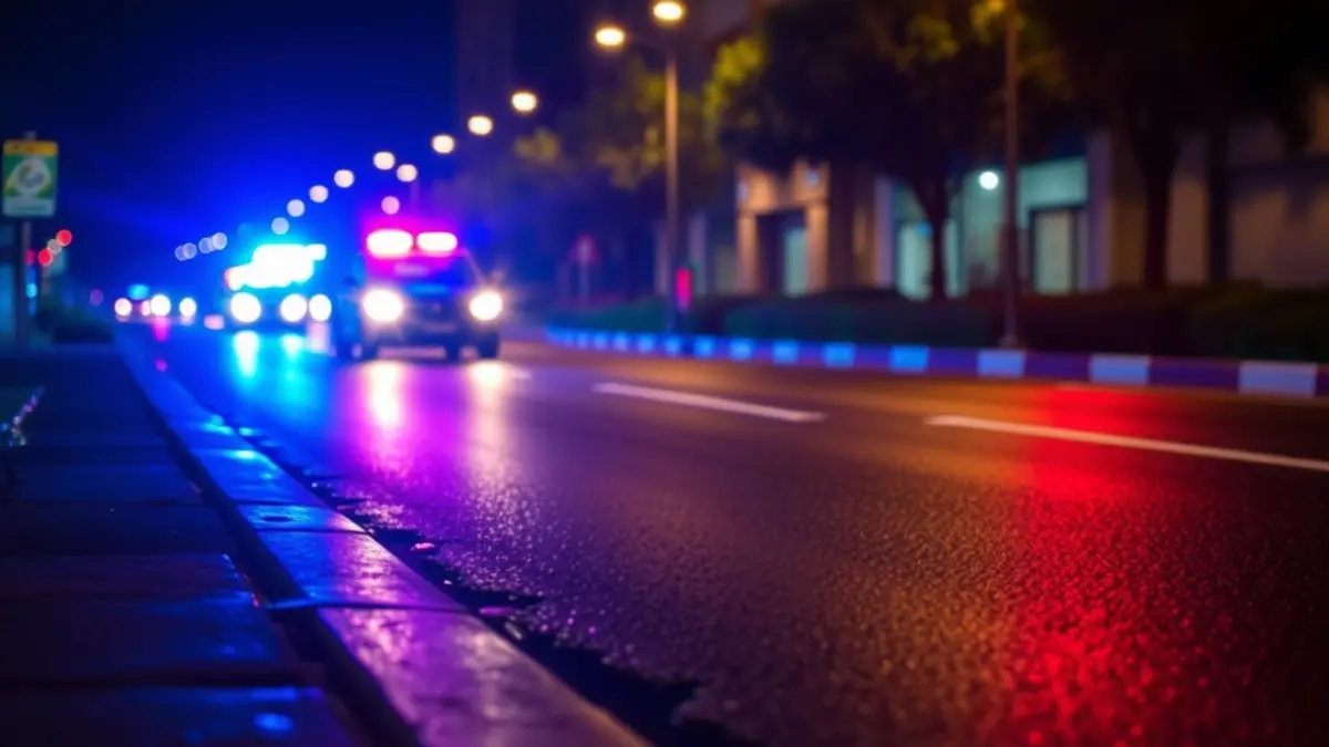 Generic image of emergency lights reflecting on wet asphalt in a Mediterranean urban setting.