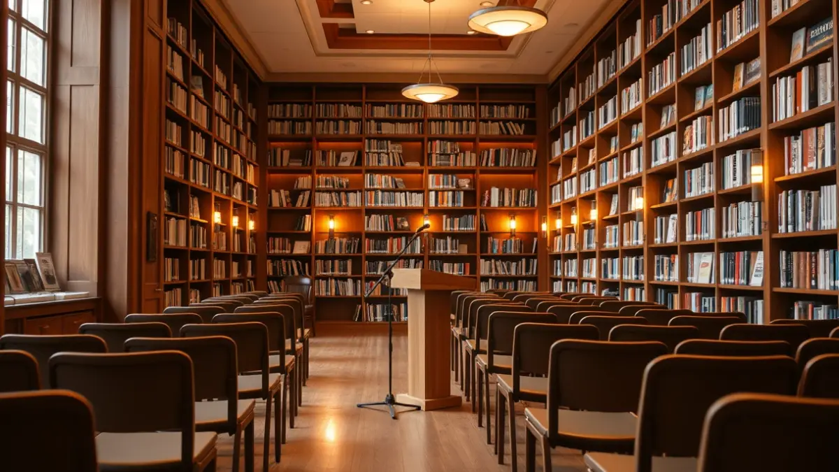 Imatge genèrica d'una biblioteca amb prestatgeries de fusta i un faristol, amb una atmosfera càlida de lectura.