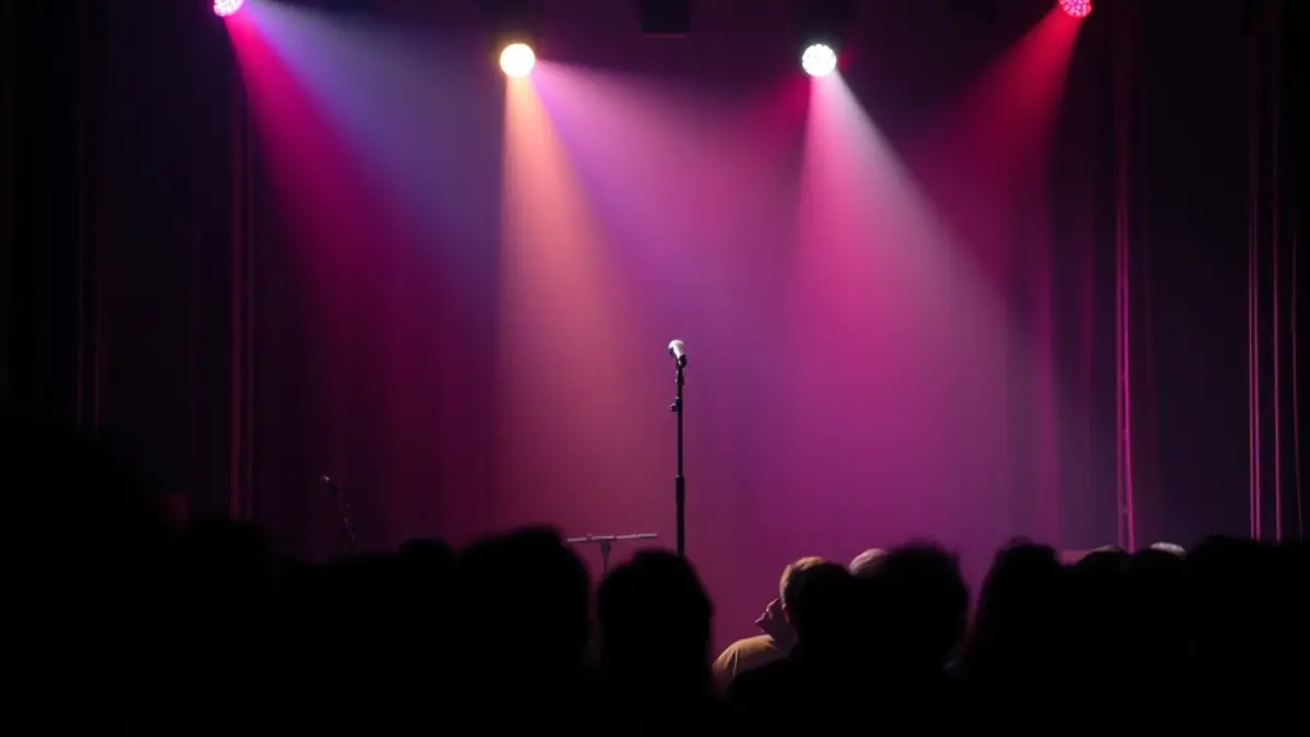 Generic image of a stage with soft lighting and a microphone, with blurred audience silhouettes.