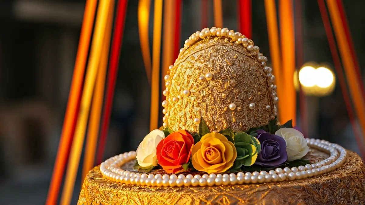 Imatge d'un barret tradicional valencià amb perles i flors, amb cintes de seda de colors al fons desenfocat.