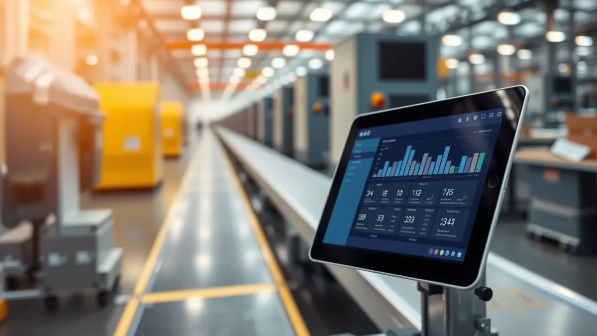 Generic image of an industrial factory with automated machinery and a digital tablet displaying logistics data.