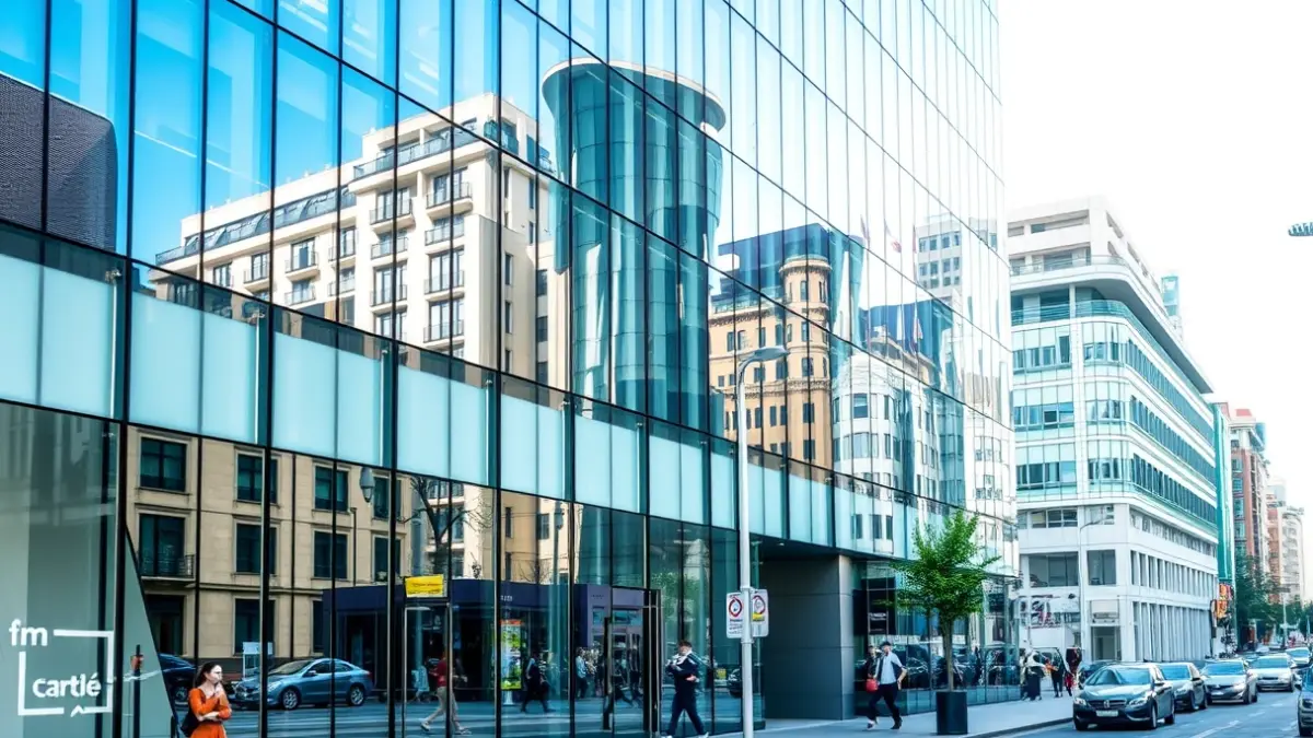 Image of a modern office facade with large windows in a city center in Valencia.