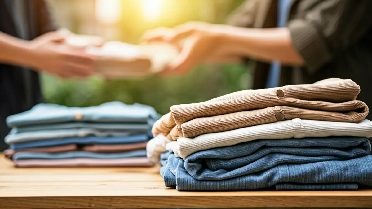 Generic image of a clothes swap, with colorful garments on a wooden table.