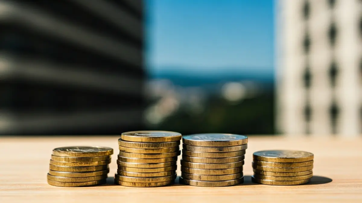 Imatge genèrica de monedes i bitllets d'euro sobre un escritori de fusta, amb edificis d'oficines desenfocats al fons.